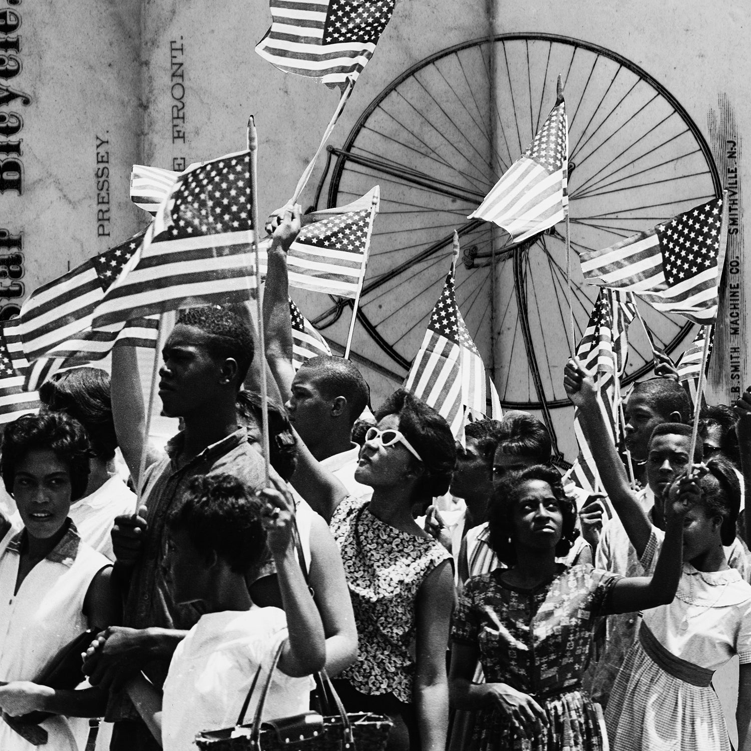 Civil rights demonstration and vintage bike gear collage illustration
