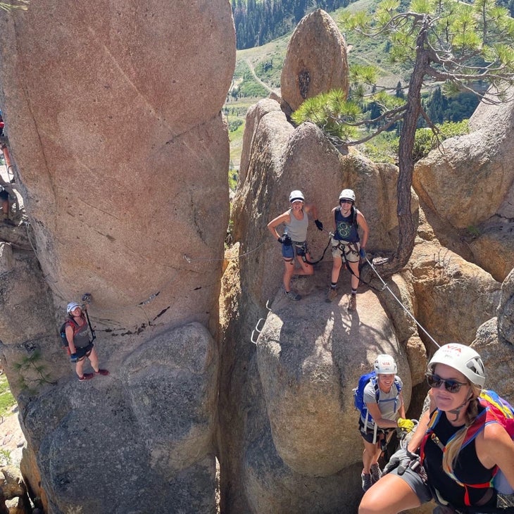 Climbers on the via ferrata at the Palisades resort in California’s Olympic Valley