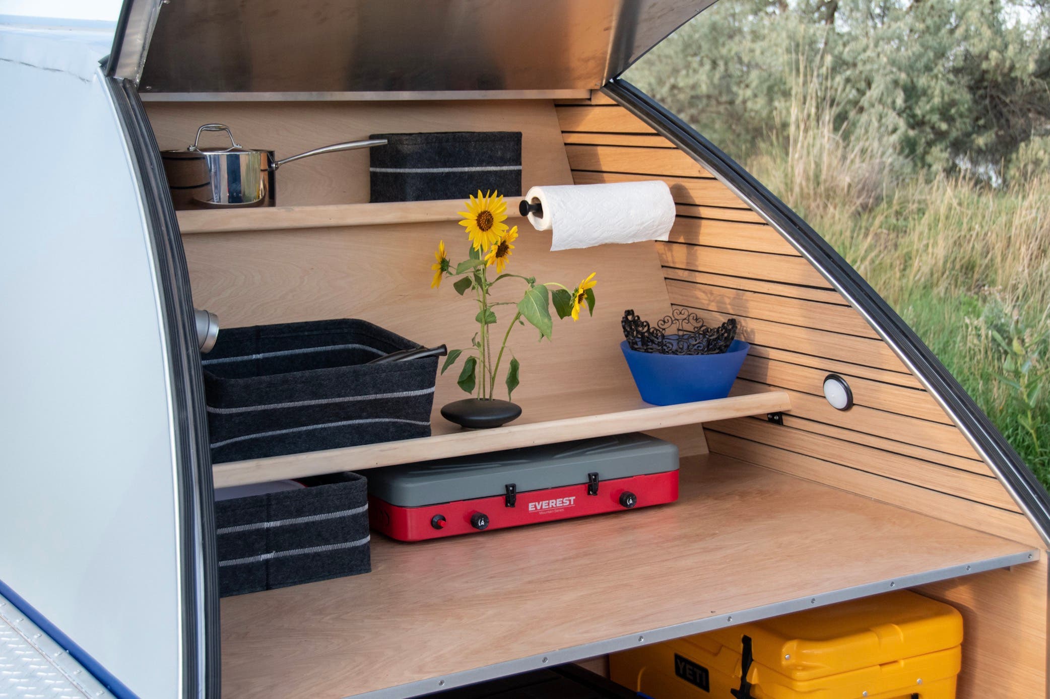 Open back of an adventure trailer