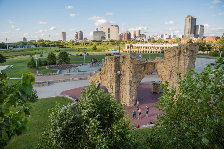 City park with rock climbing wall