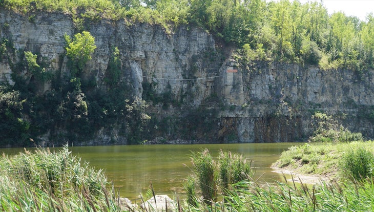 Rock wall in a tree-lined quarry