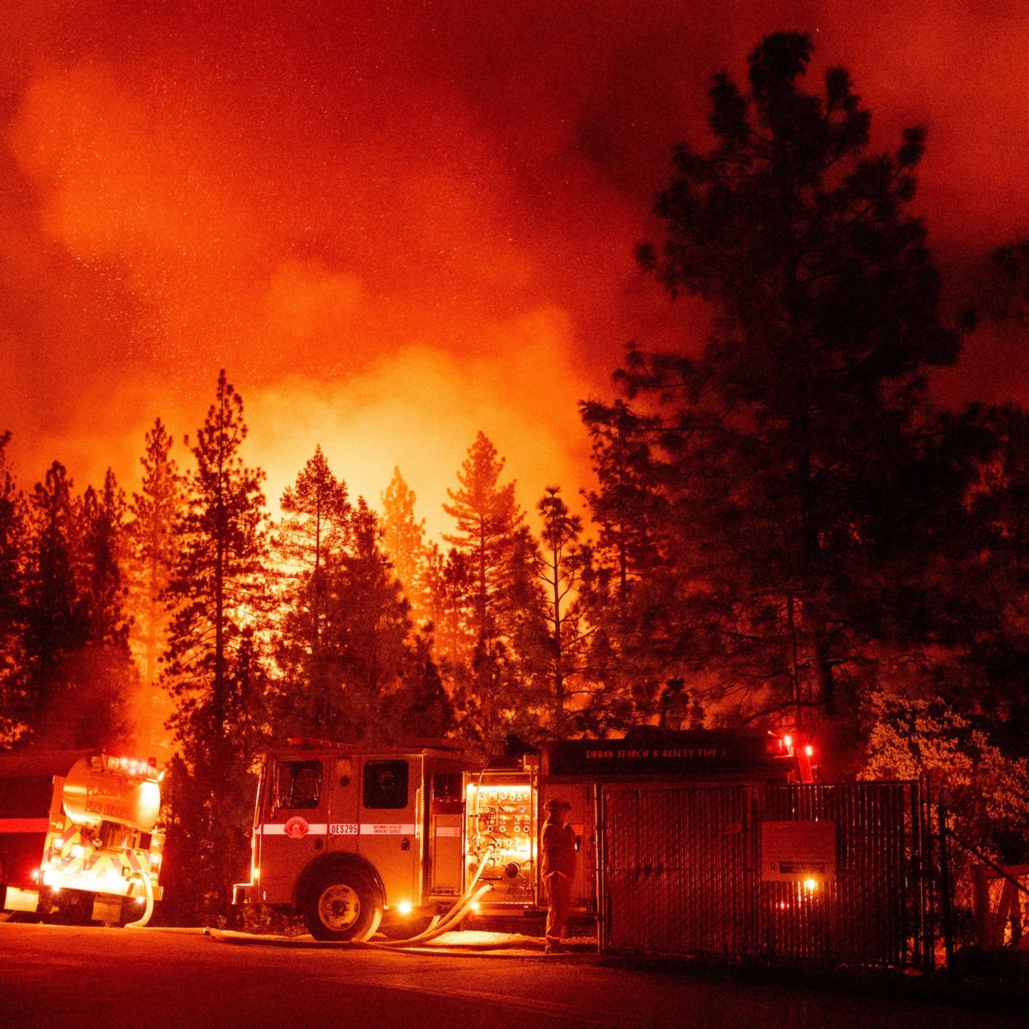 Firefighters monitor a backfire during the Mosquito fire in Foresthill, an unincorporated area of Placer County, California on September 13, 2022.