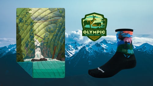 National Parks gear over an image of Olympic National Park