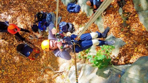 A man ascending a set of fixed ropes without the use of his legs. The photo is top down. The man is wearing a yellow helmet. The ground is coated with autumn-colored leaves, yellow, orange, and amber.