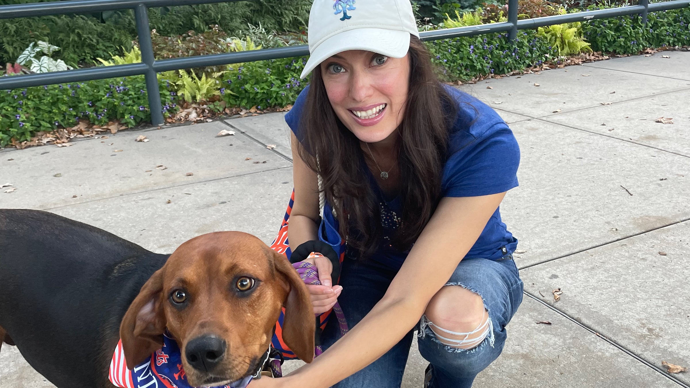 A dog dressed in a Mets uniform outside the stadium at Citi Field