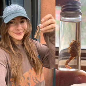 Abigail holds the scorpion that stung her in a vial. The scorpion is less than an inch long.
