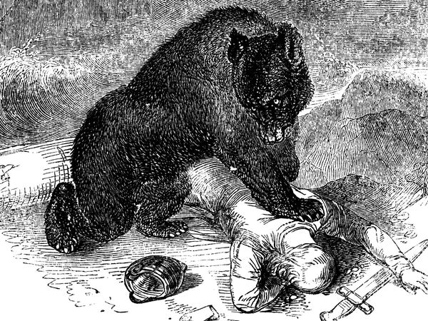 A black-and-white woodcut-style illustration of a bear attacking a man. The man lays face down on the ground with his hand on a sword. The bear's paw is on his back.