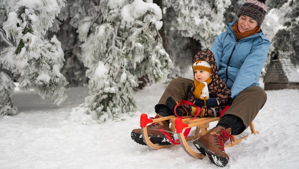Mother and toddler sledding best snow boots for women