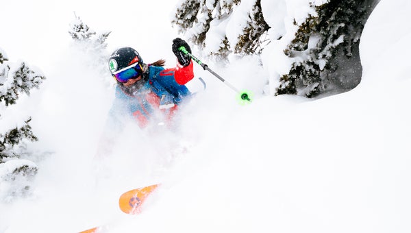 Eva Walkner skis blower storm powder in the Tetons.
