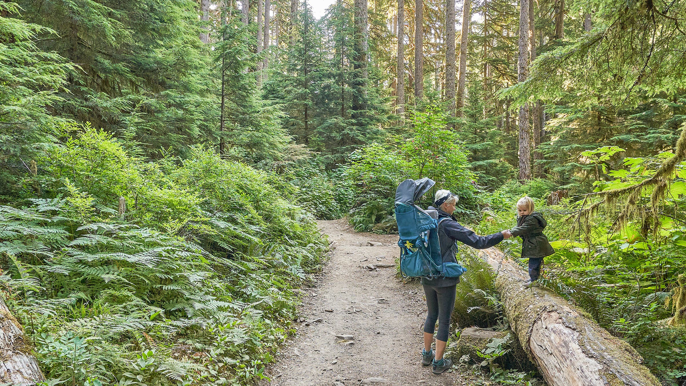 mother toddler hiking at sol duc falls