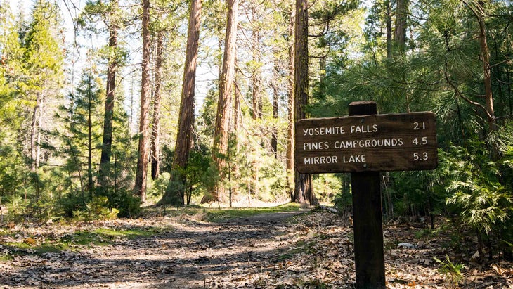 a trail sign for hikers in yosemite national park