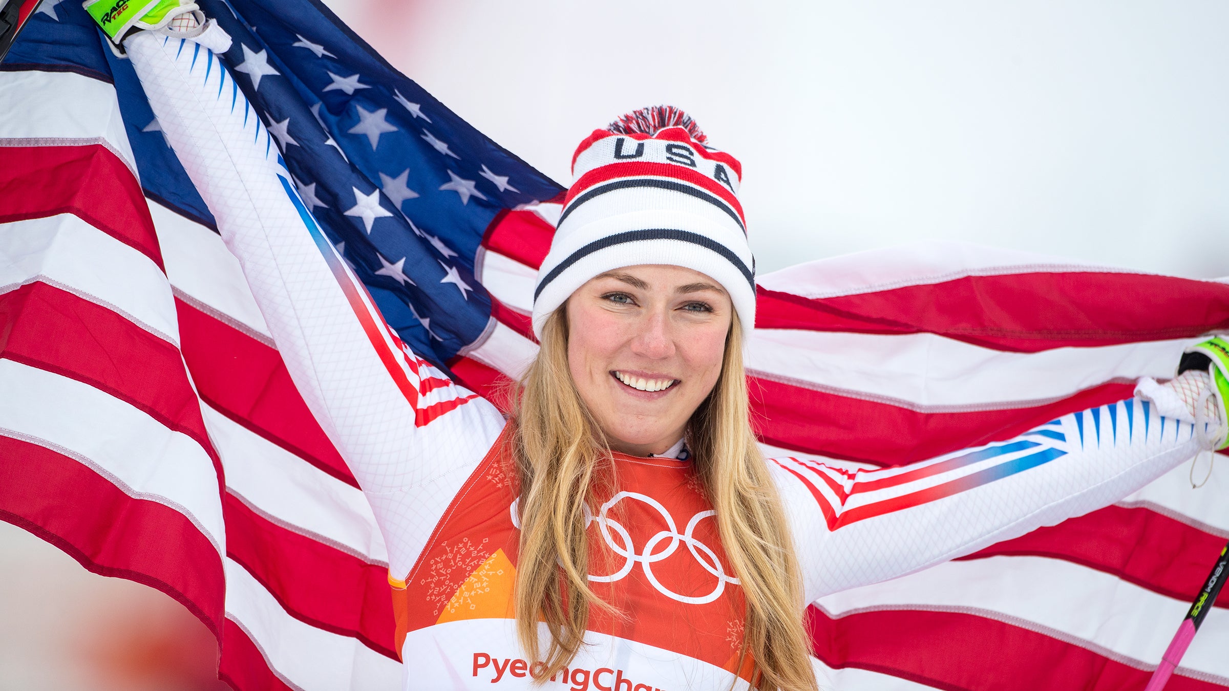 Mikaela Shiffrin holds the American flag at 2018 Pyeongchang Olympics