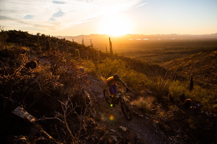 Man riding mountain bike at sunset