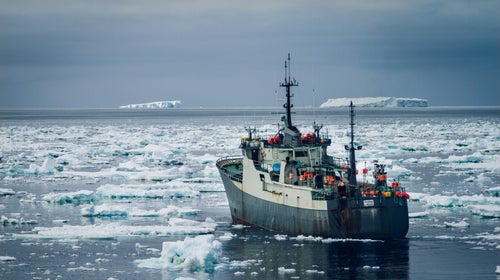 The Thunder tries to escape by charging through a perilous patch of ice fields in Antarctica's Southern Ocean.