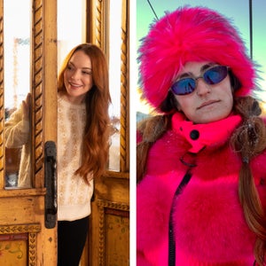 Lindsay Lohan in her new film Falling for Christmas, and professional skier Rian Zetzer, in costume to play Lohan.