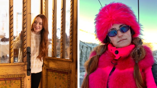 Lindsay Lohan in her new film Falling for Christmas, and professional skier Rian Zetzer, in costume to play Lohan.