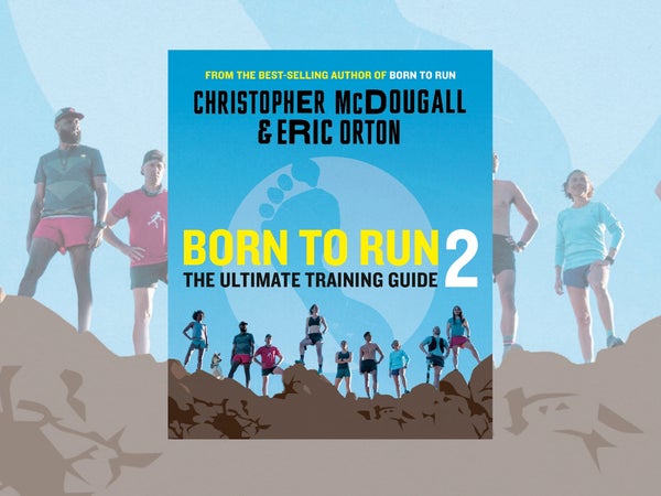 The blue cover of a book with several runners at a cliff's edge