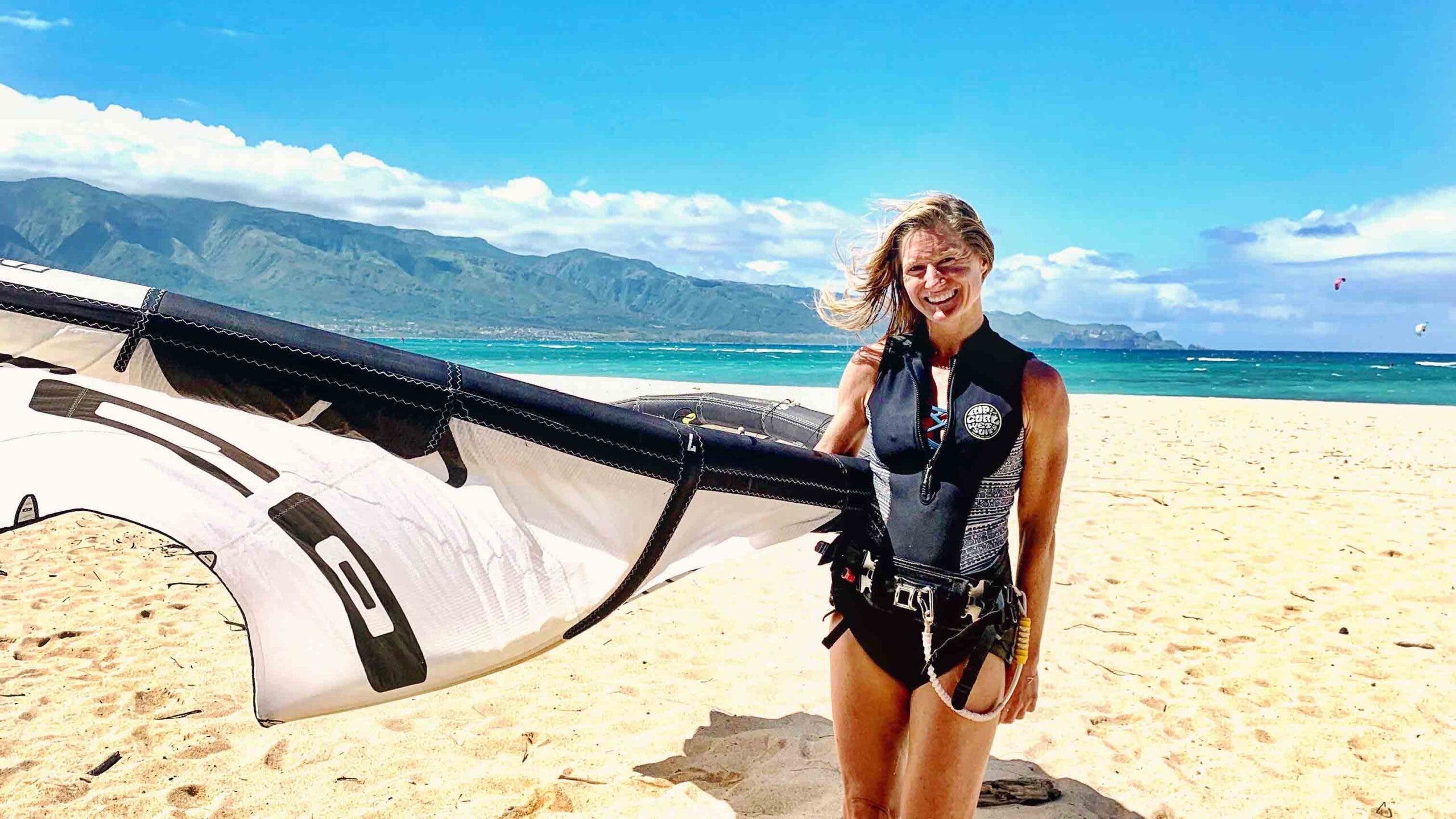 The author kitesurfing on Maui’s Kite Beach, down below Haleakala