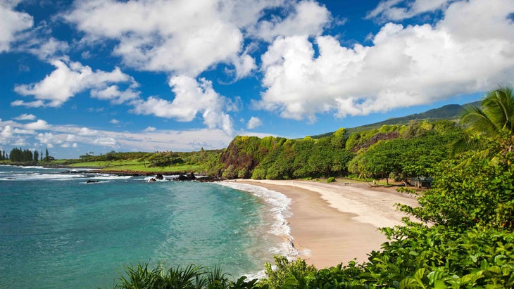 The turquoise ocean meets an empty golden-sand shore near the Hana-Maui Resort.