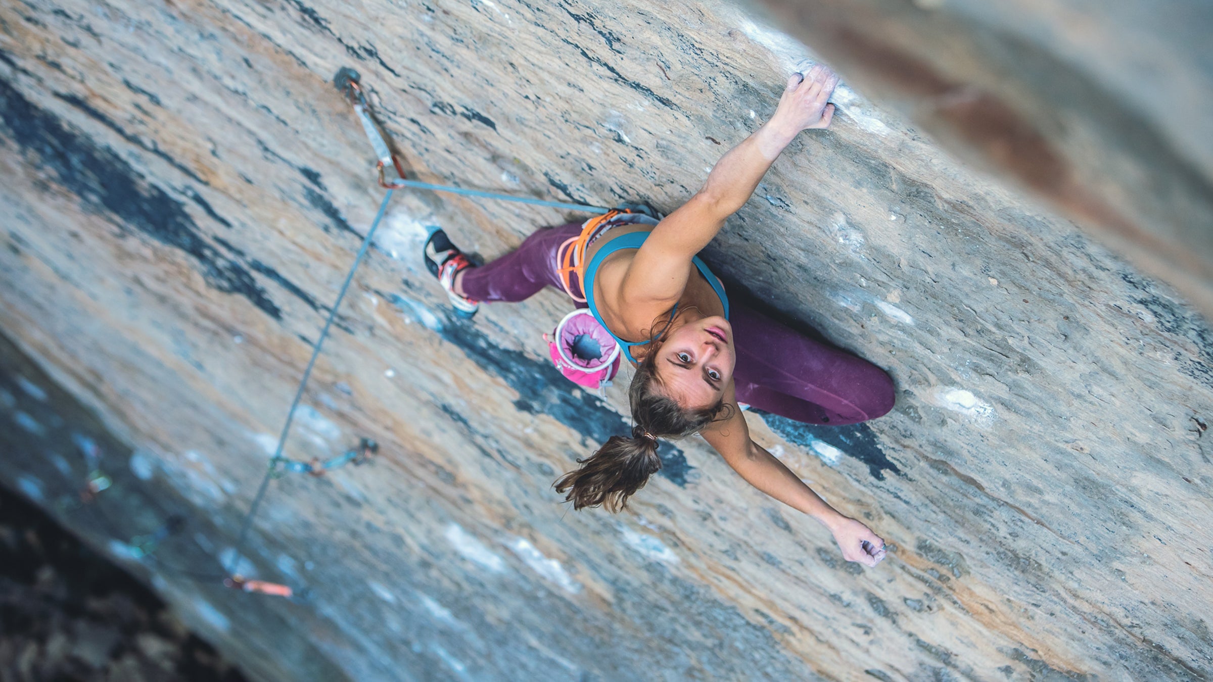 Rock climber on cliff at Red River Gorge, Kentucky.