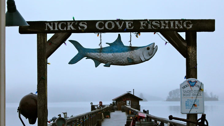 Barbecued oysters, clam chowder, and fish and chips made with wild rock cod are on the menu at Nick’s Cove.