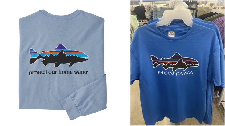 Patagonia's trout logo shirt and a similar product being sold at Walmart