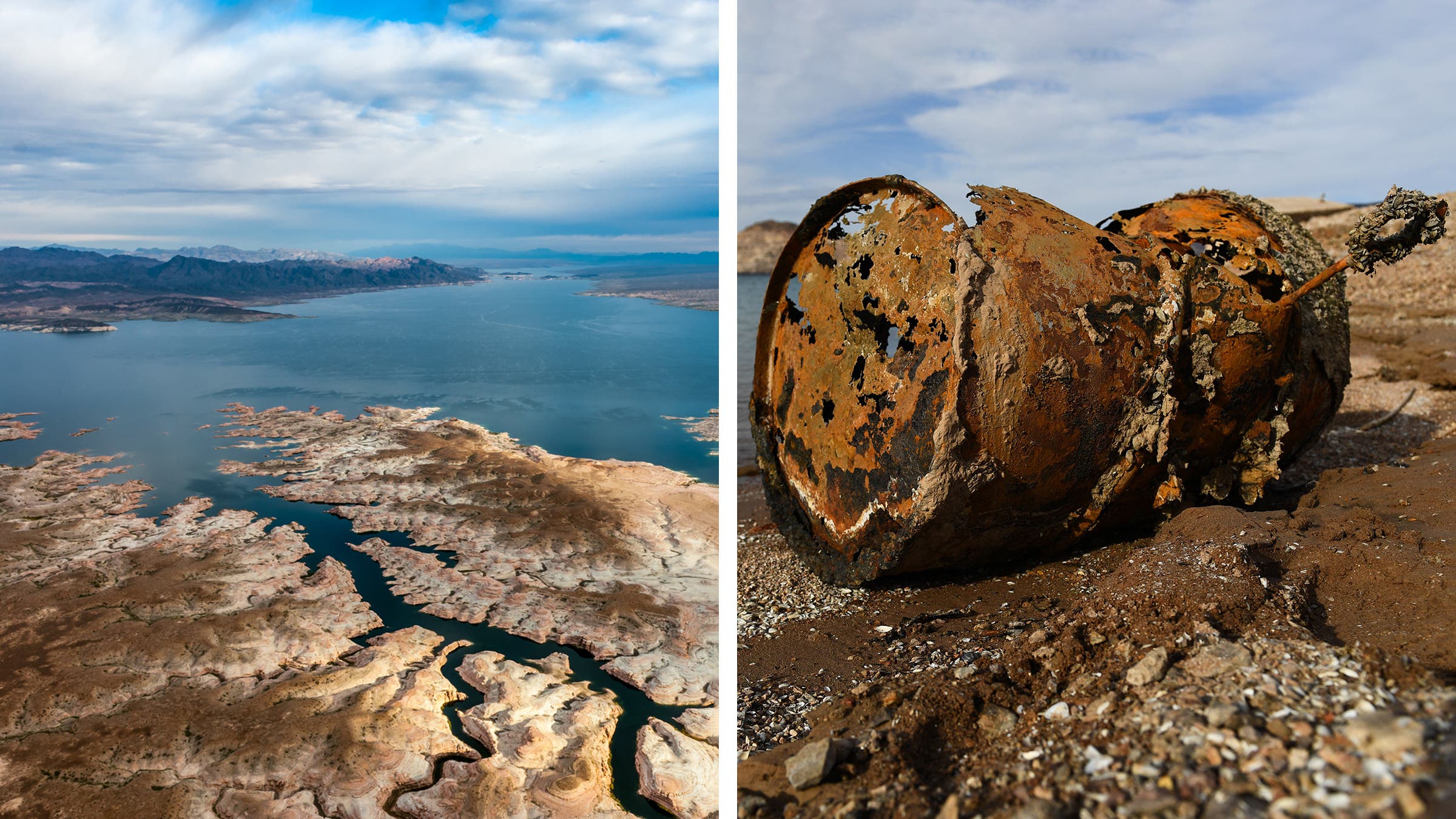 Overhead view of Lake Mead; Rusted barrel washed up on the shore of Lake Mead