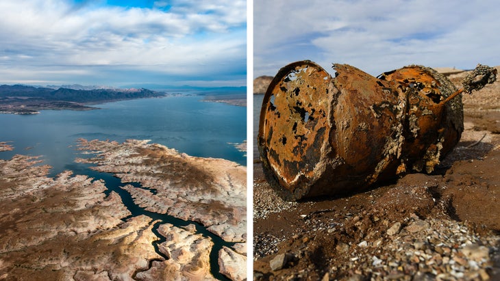 Overhead view of Lake Mead; Rusted barrel washed up on the shore of Lake Mead