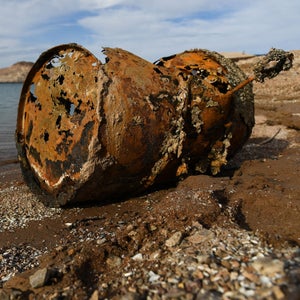 Rusted barrel washed up on the shore of Lake Mead
