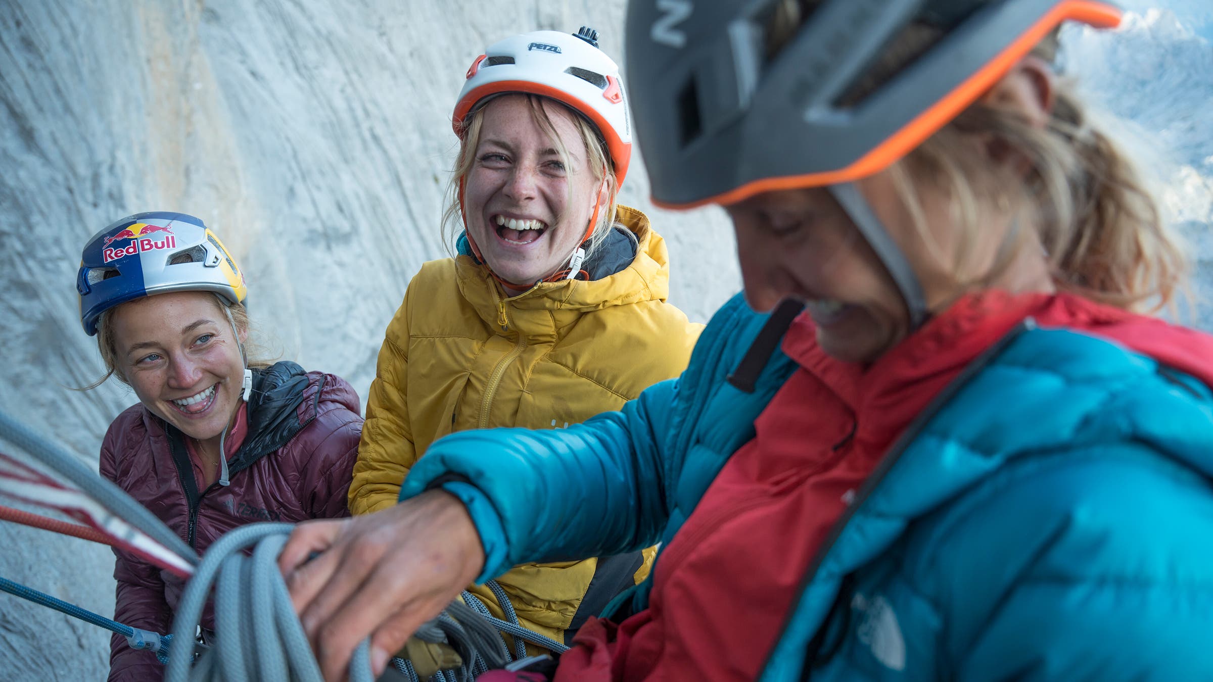 Left to right: DiGiulian, Harrington, and Söderlund at the belay station of an 8c pitch in Spain