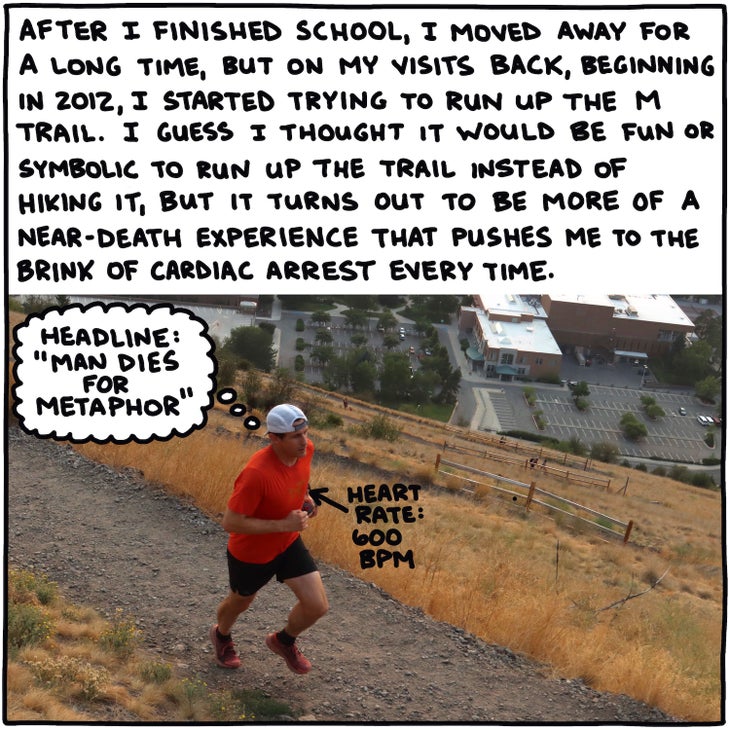 Brendan Leonard running up a hill photo illustration. Headline: "Man Dies For Metaphor"