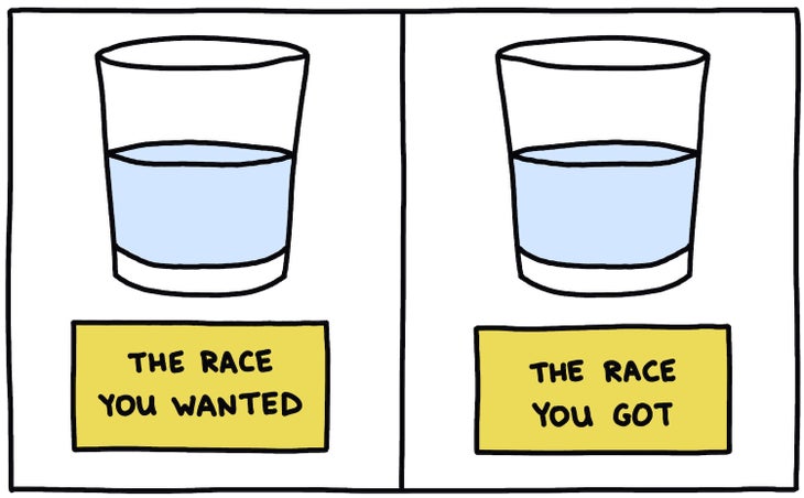 The race you wanted vs the race you got illustration, both glasses half full/empty of water