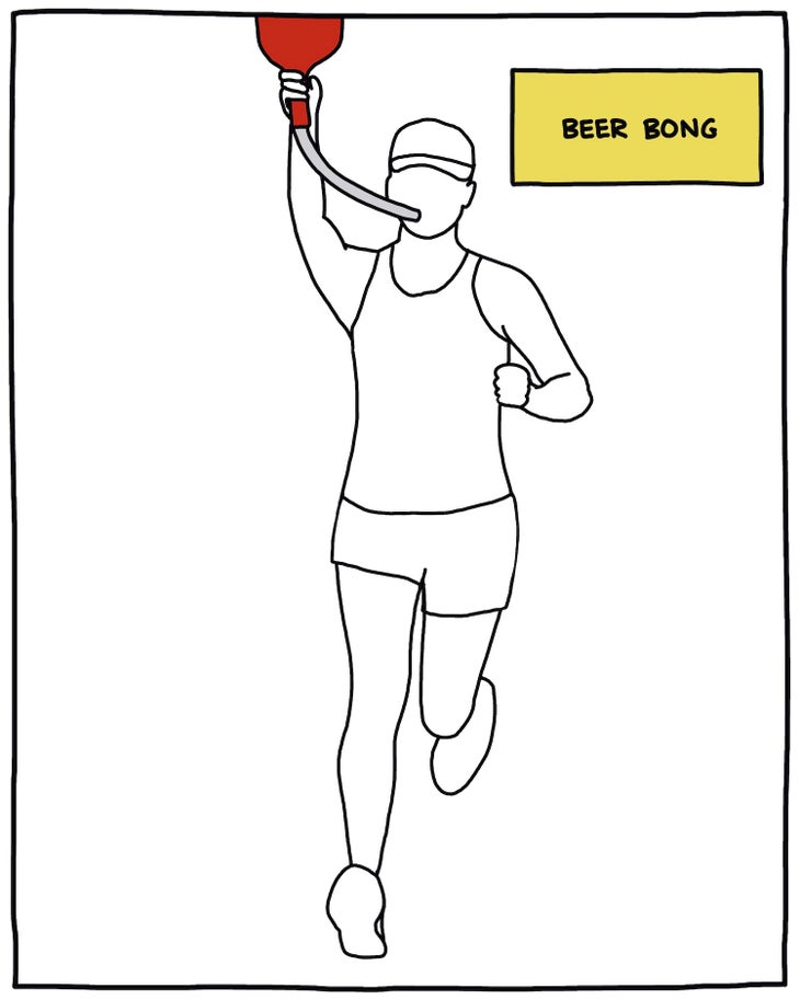 illustration of runner drinking from a beer bong