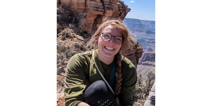 Cassy Doolittle on the summit of Zoroaster Temple in the Grand Canyon.