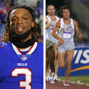Buffalo Bills football player Damar Hamlin, left, and marathon runner Ryan Shay