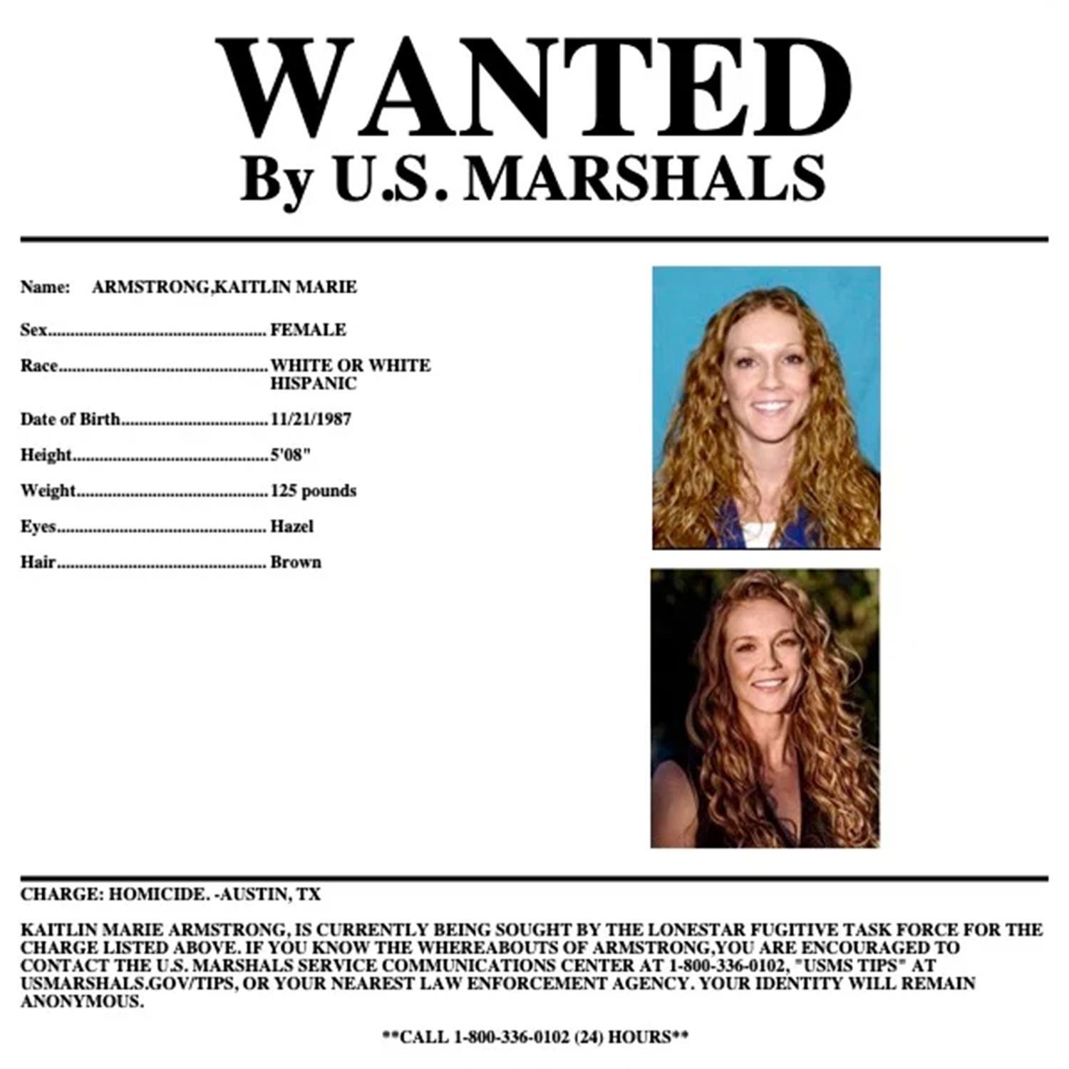 Kaitlin Armstrong U.S. Marshals "wanted" poster, including a description and two portraits of Armstrong