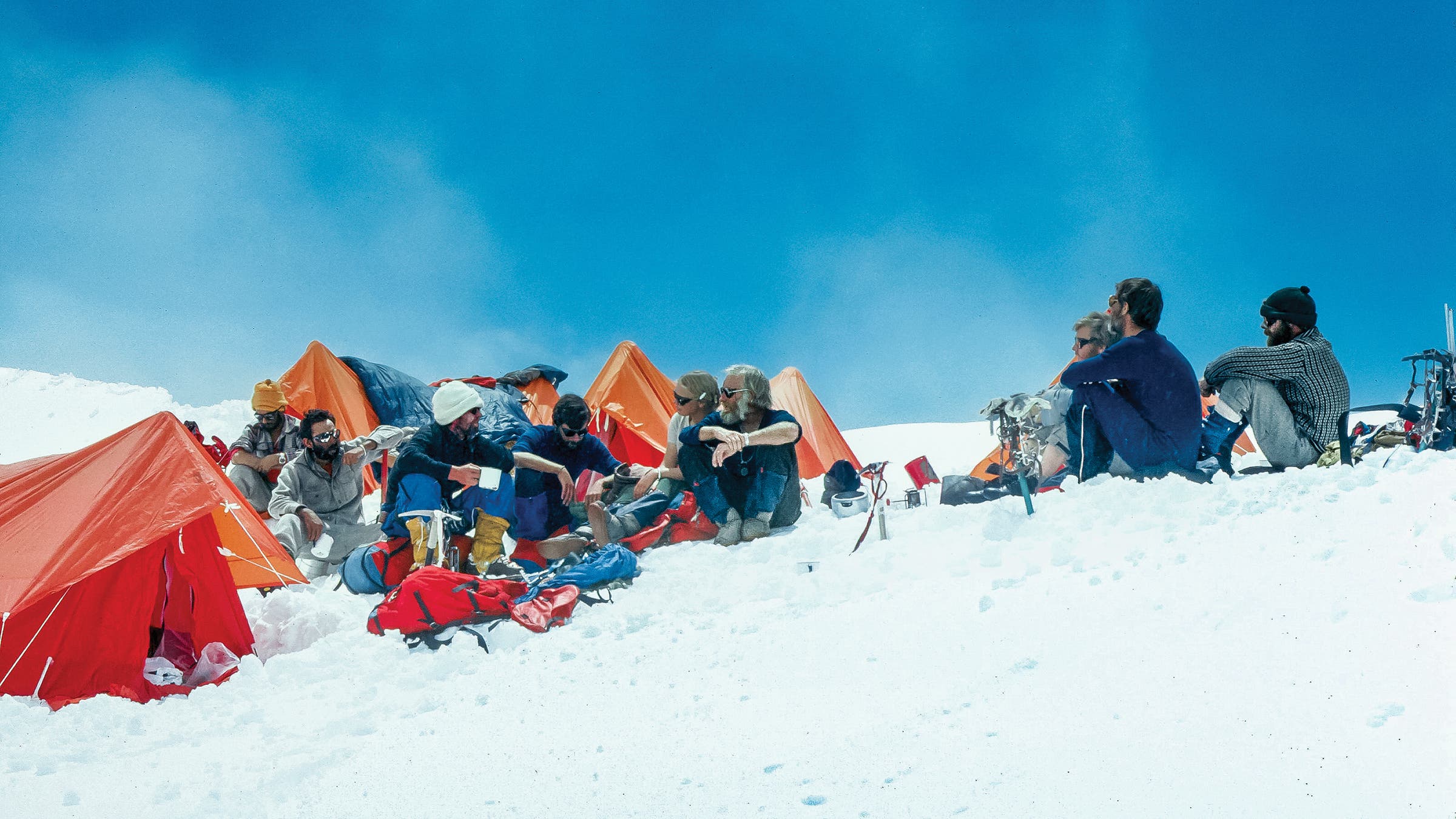 Expedition members at camp three. From left: Nirmal Singh, Kiran Kumar, Louis Reichardt, Andy Harvard, Nanda Devi Unsoeld, Willi Unsoeld, John Evans, Peter Lev, and Jim States