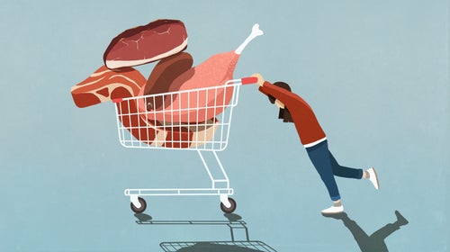 In an illustration, a figure with light skin and long brown hair pushes an oversized shopping cart full of raw meats.