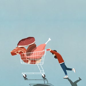 In an illustration, a figure with light skin and long brown hair pushes an oversized shopping cart full of raw meats.
