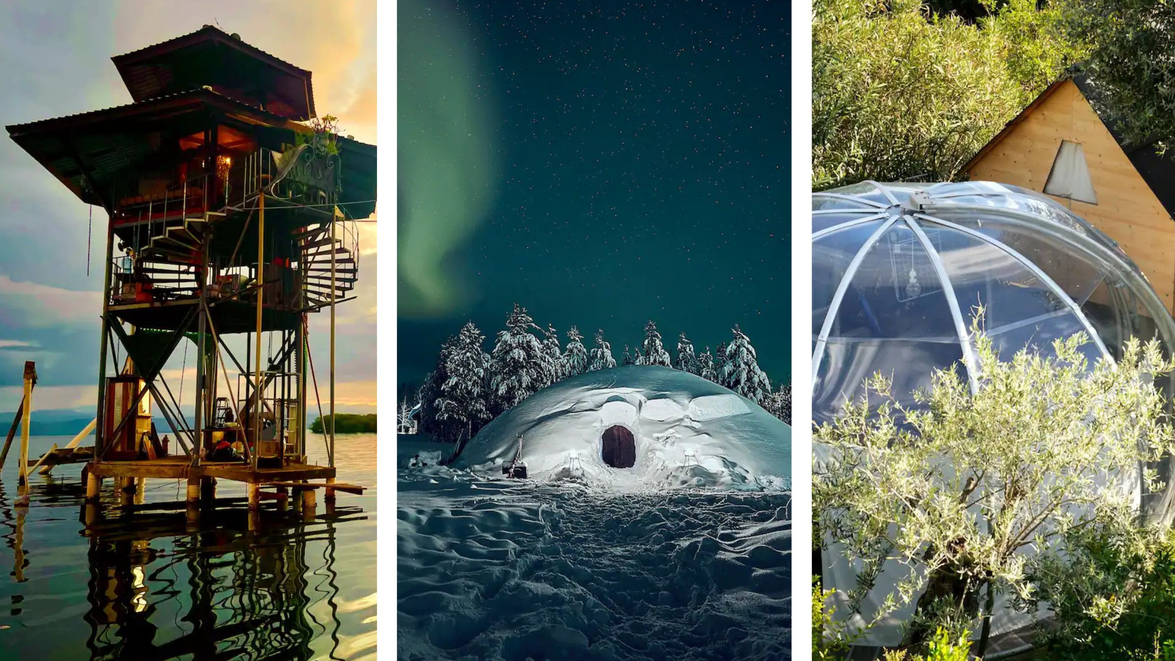 collage of tower above water, igloo, and clear dome Airbnbs