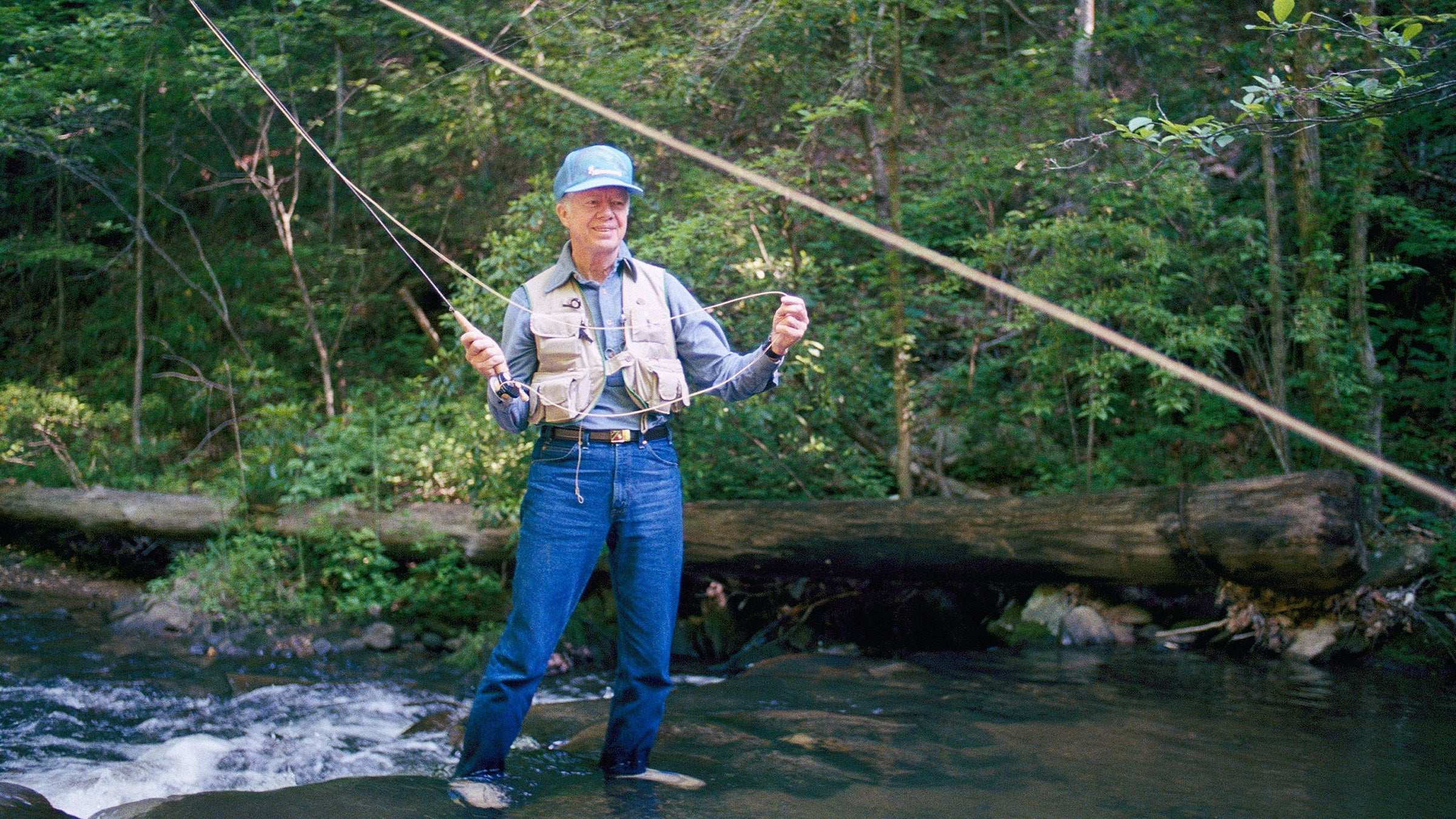 Former President Jimmy Carter fishing for rainbow trout near Ellijay, Georgia in 1988