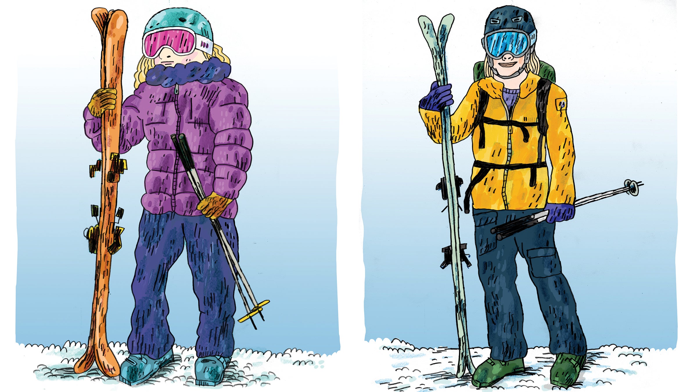Illustration of skiers with different layer choices