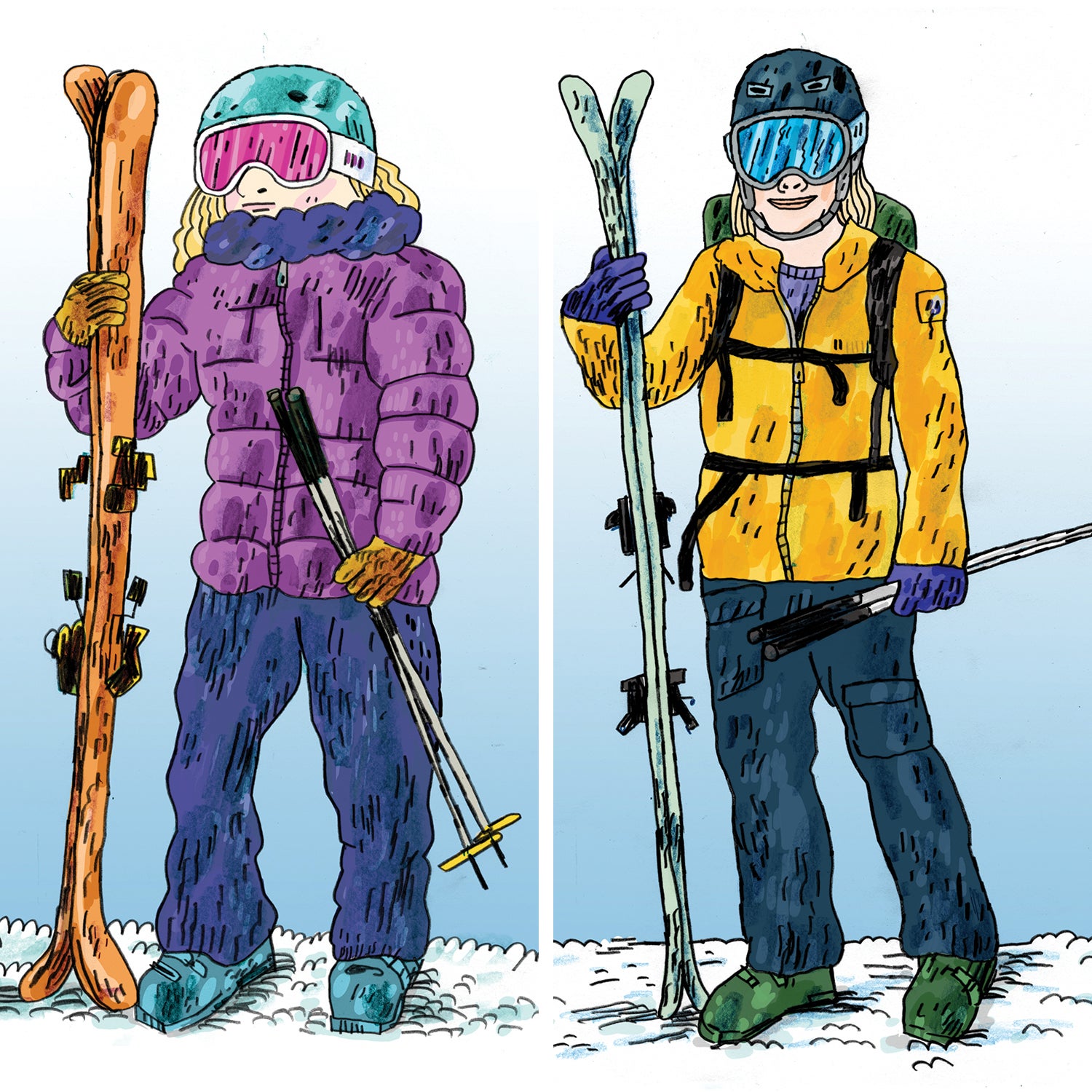 Illustration of skiers with different layer choices