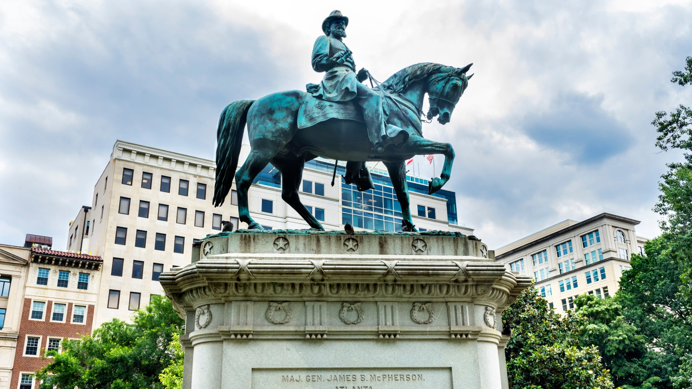 A bronze statue of General James McPherson on a horse in Washington, D.C.