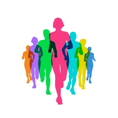 An illustration of women running in a flying v, with multiple colors