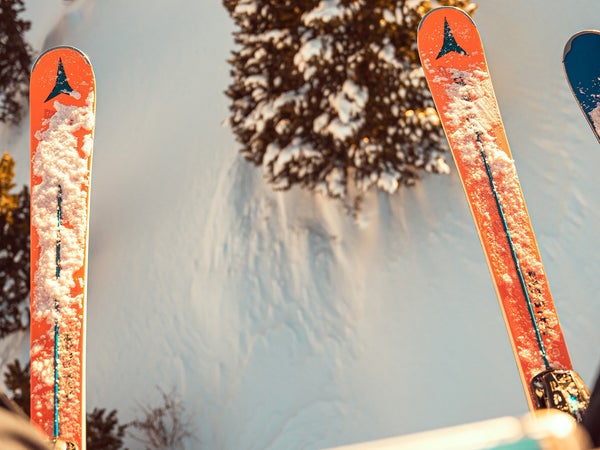 Point of view shot from a chairlift showing skis