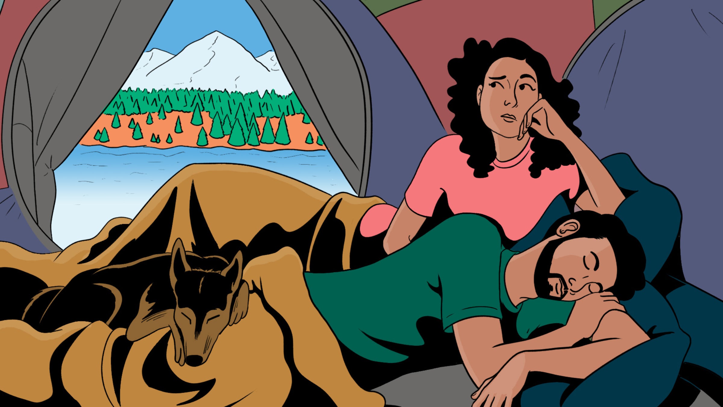 illustration of a couple in a tent with their dog