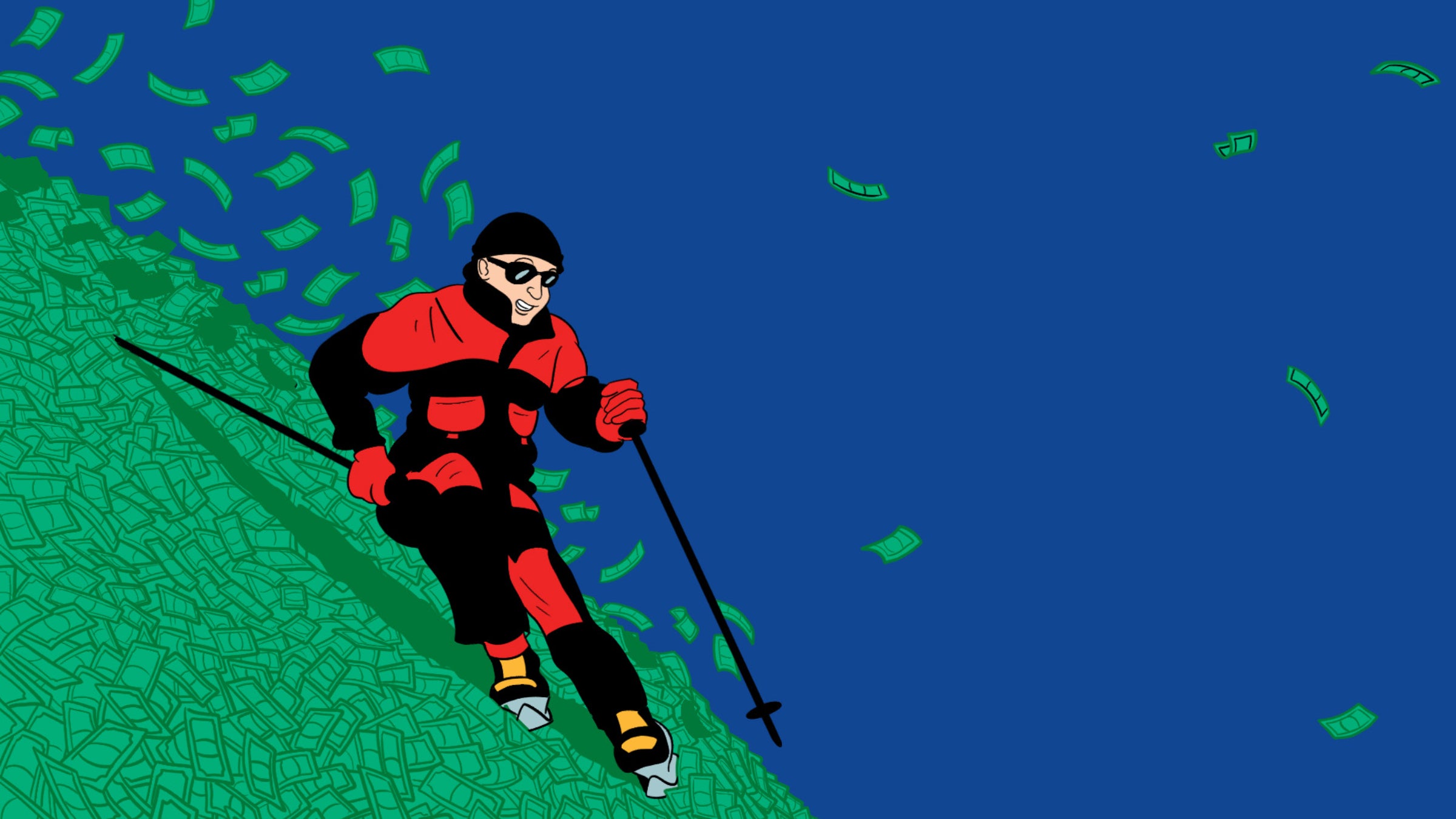 downhill skiing on dollar bills illustration