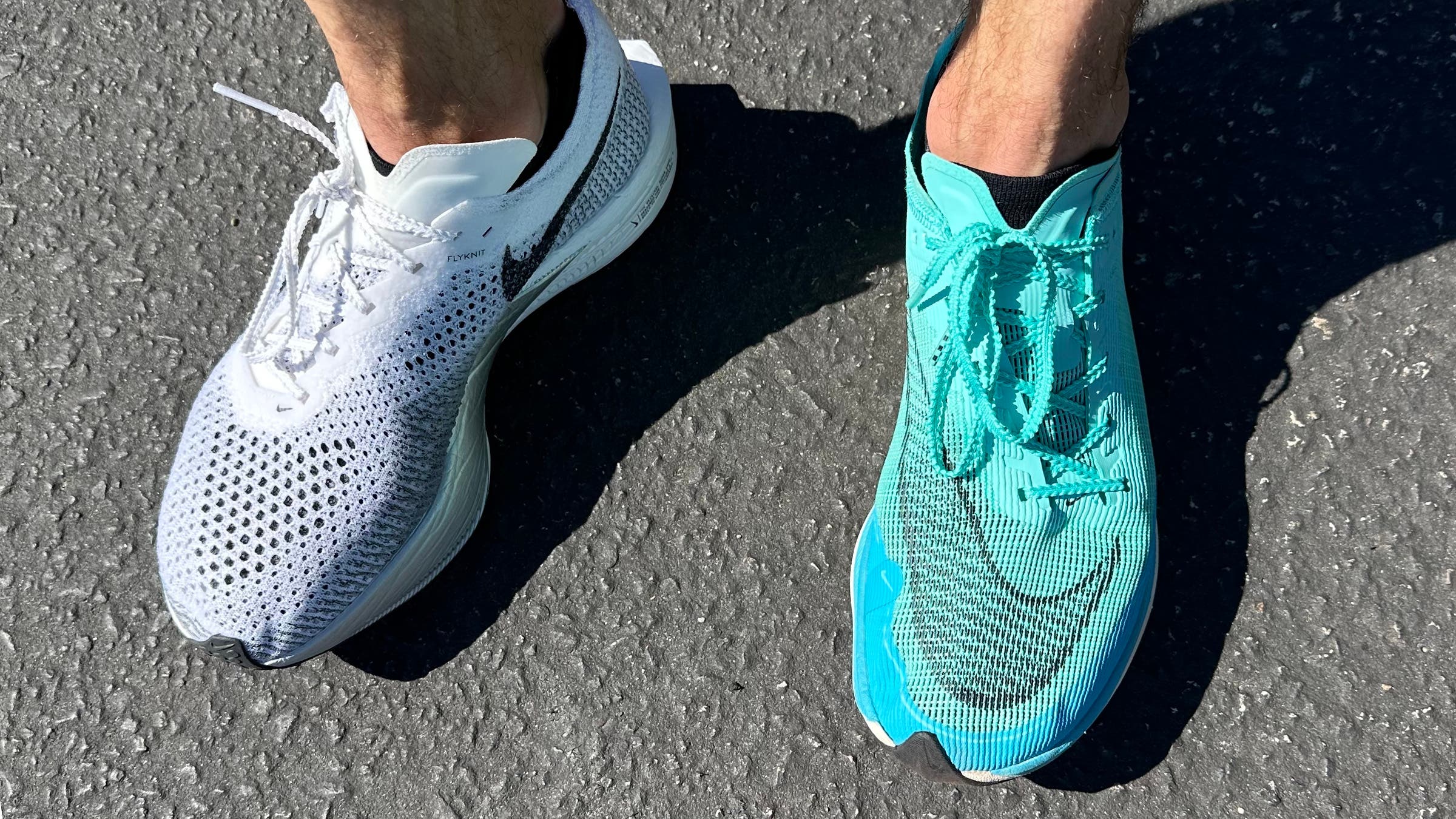 Nike Vaporfly 2 on one foot and 3 on the other