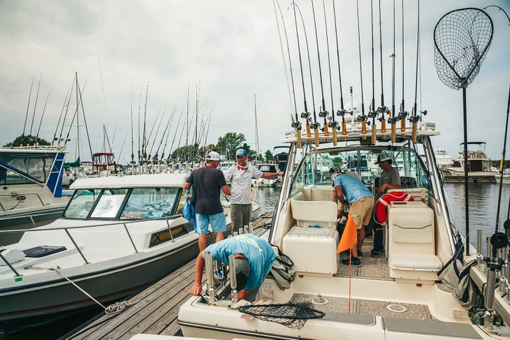 A group of anglers gear up for a day of walleye fishing on Lake Erie.